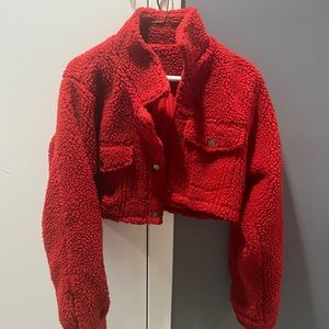 Emory Park red cropped teddy jacket button up